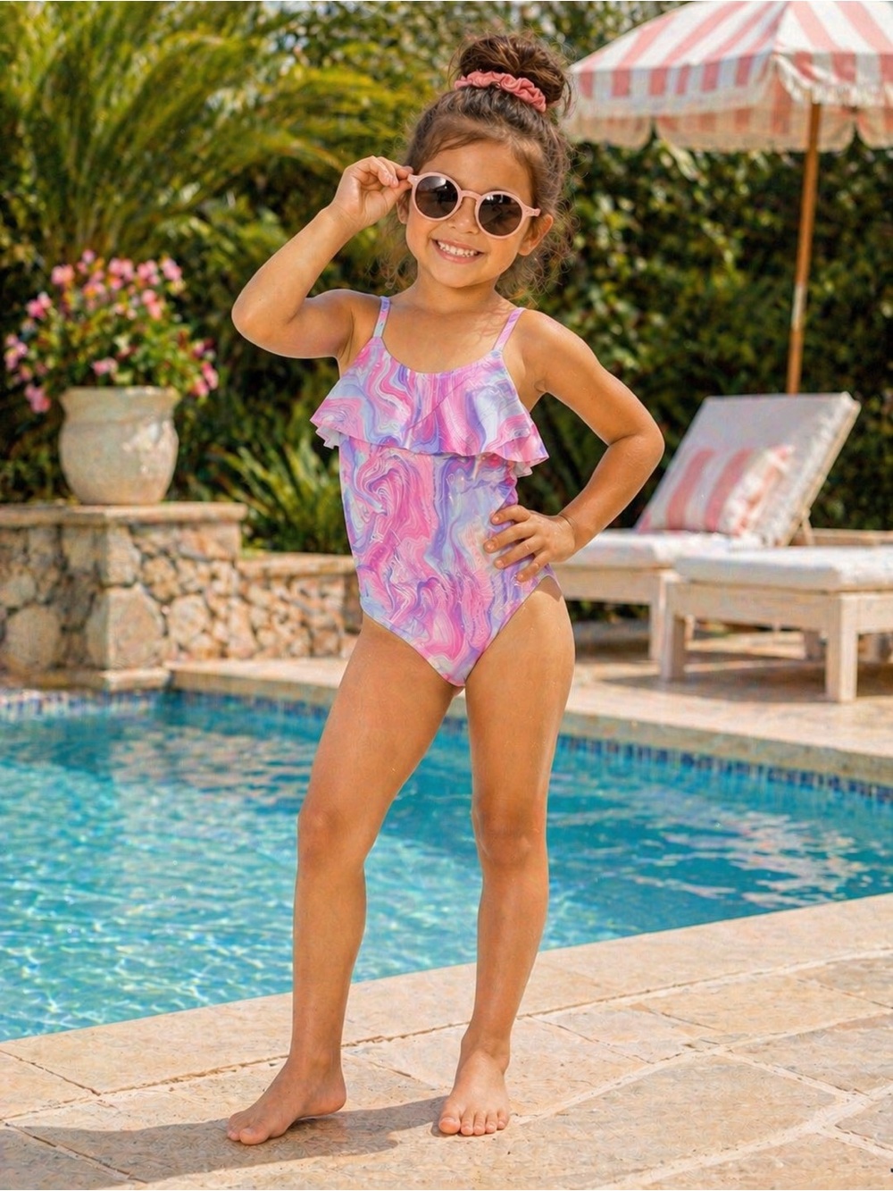 Girls' Pink & Purple Marble Ruffle One-Piece Swimsuit